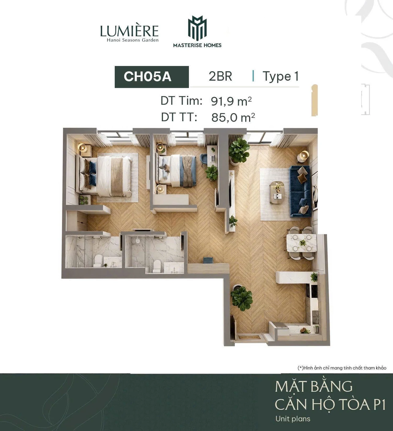 Layout 3D Toà L1 căn CH-05A — 2BR Type 1, 91,9 m² tim tường