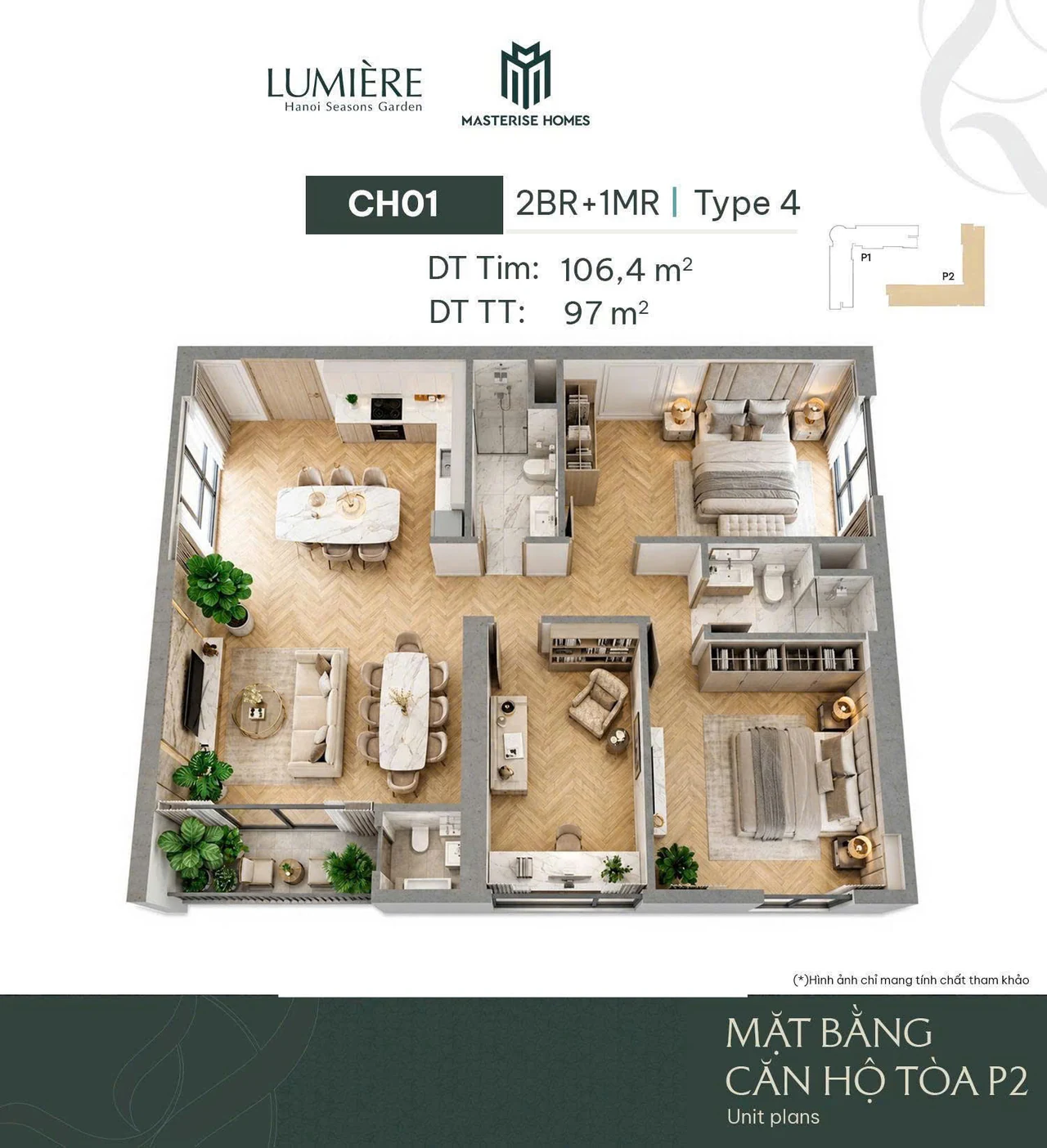 Layout 3D Toà L2 căn CH-01 — 2BR+1MR Type 4, 106,4 m² tim tường, căn góc