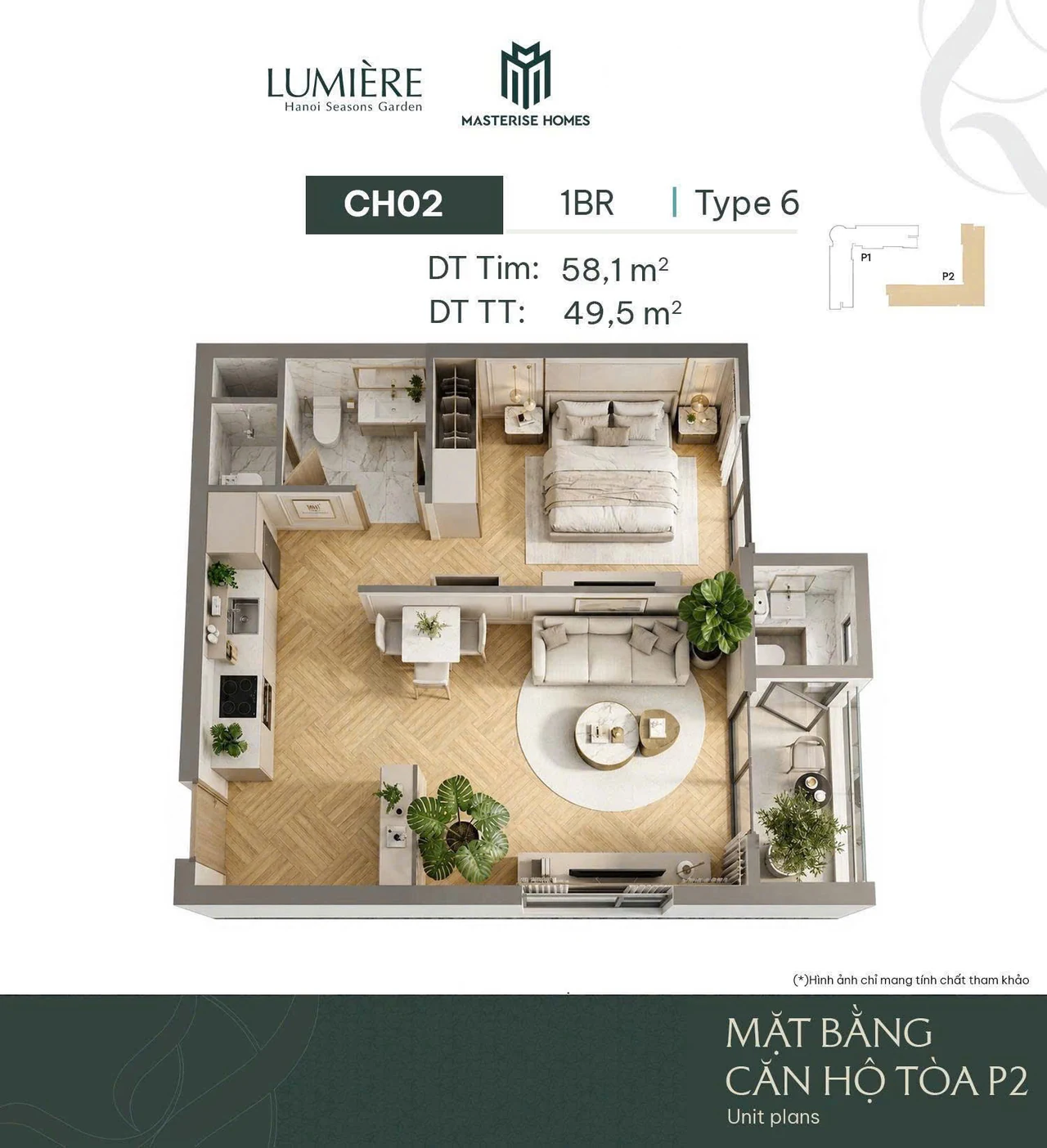 Layout 3D Toà L2 căn CH-02 — 1BR Type 6, 58,1 m² tim tường