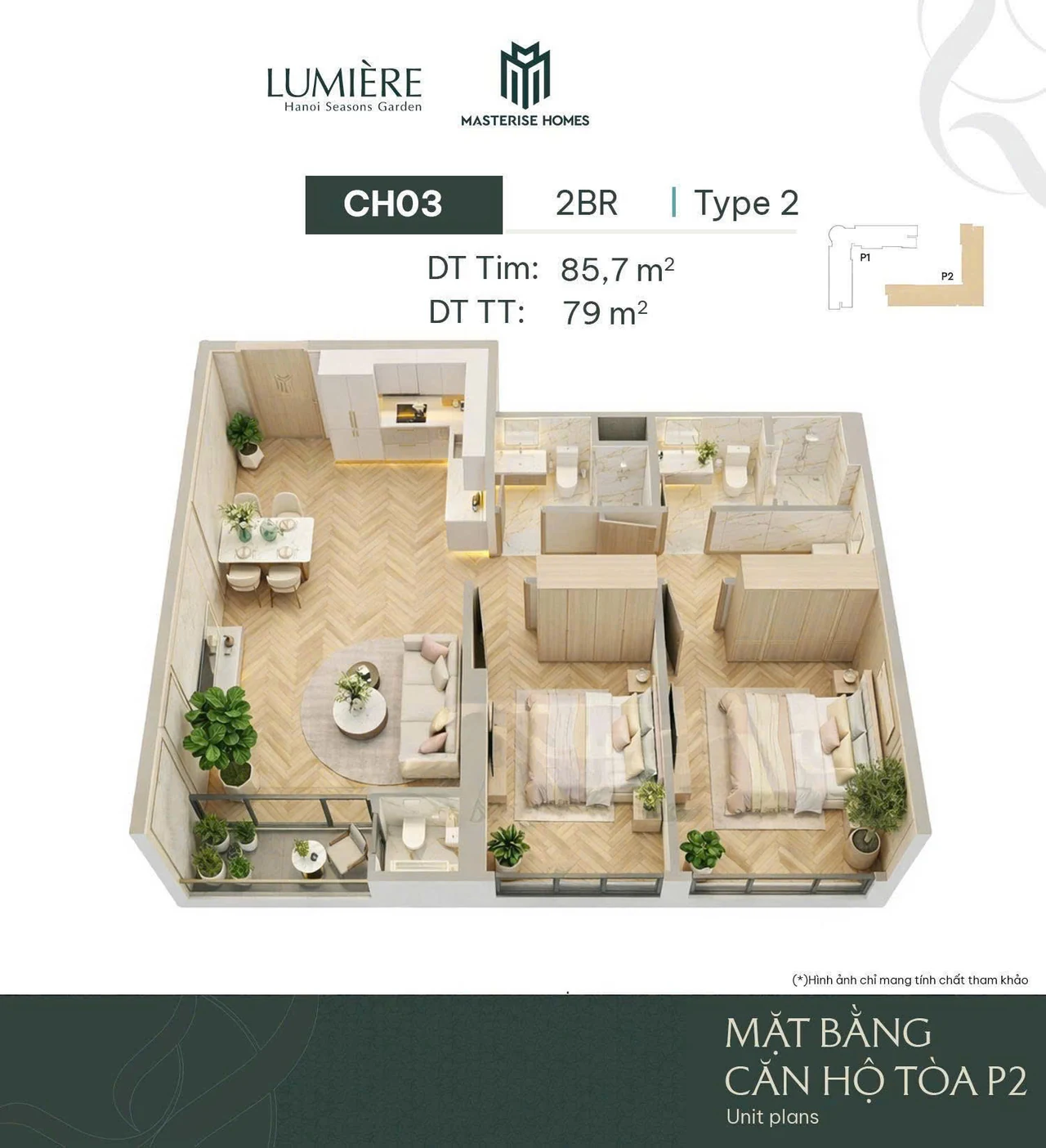 Layout 3D Toà L2 căn CH-03 — 2BR Type 2, 85,7 m² tim tường